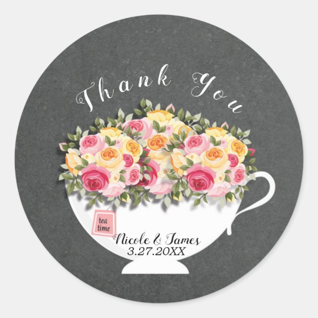 Sticker Rond Théière de Roses Faveur de thé de mariage (Devant)