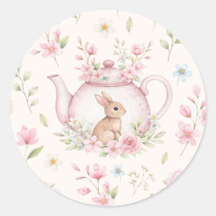 Sticker Rond Théière Lapin Mignon Fleurs Roses Printemps