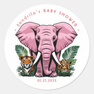 Sticker Rond Thème Animaux Safari Rose Fille Fête d'anniversair