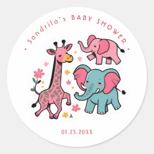 Sticker Rond Thème Animaux Safari Rose Fille Fête d'anniversair