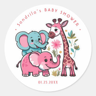 Sticker Rond Thème Animaux Safari Rose Fille Fête d'anniversair
