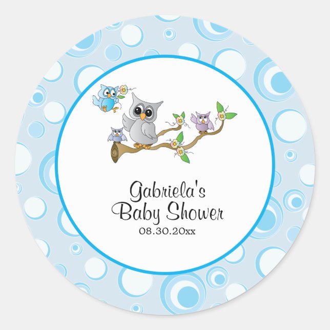 Sticker Rond Thème Baby shower Blue Baby Owl (Devant)
