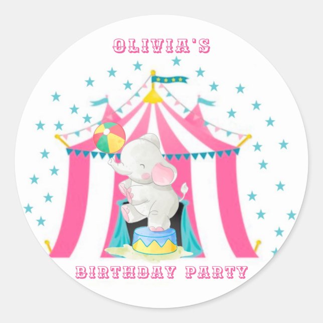 Sticker Rond Thème Cirque Fille Fête Anniversaire Personnalisé (Devant)