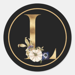 STICKER ROND THÈME DE CHUTE MONOGRAMME D'OR L AVEC CITROUILLE
