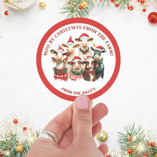 Sticker Rond Thème de ferme personnalisée Vaches festives Noël