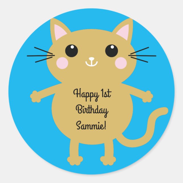 Sticker Rond Thème de fête d'anniversaire de Cat Cute Kitty (Devant)