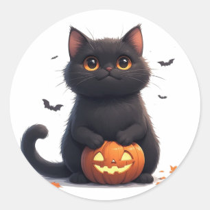 Sticker Rond Thème de Halloween Magique avec Chat Noir Mignon �