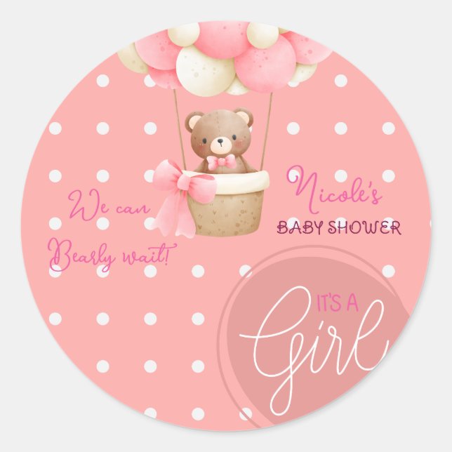 Sticker Rond Thème de l'ours Peach Baby shower de ballon à air  (Devant)