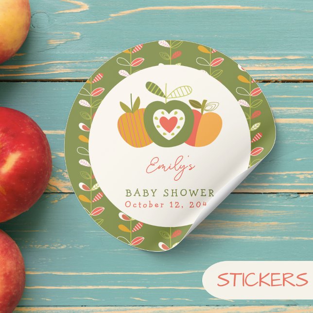 Sticker Rond Thème de pomme Whimsical Baby shower d'automne ver (Créateur téléchargé)