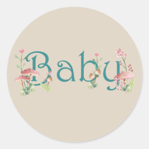 Sticker Rond Thème Forêt Whimsical avec Baby shower Champignons