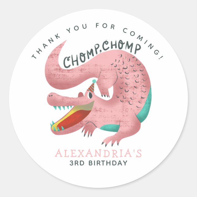 Sticker Rond Thème Pink Gator Anniversaire Fête Merci Favoriser (Devant)