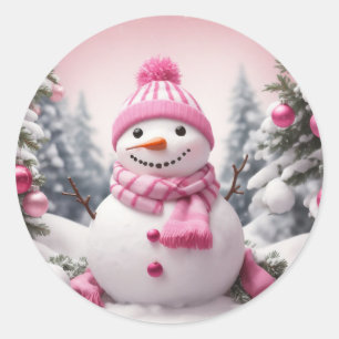 Sticker Rond Thème rose personnalisé Noël Snowman