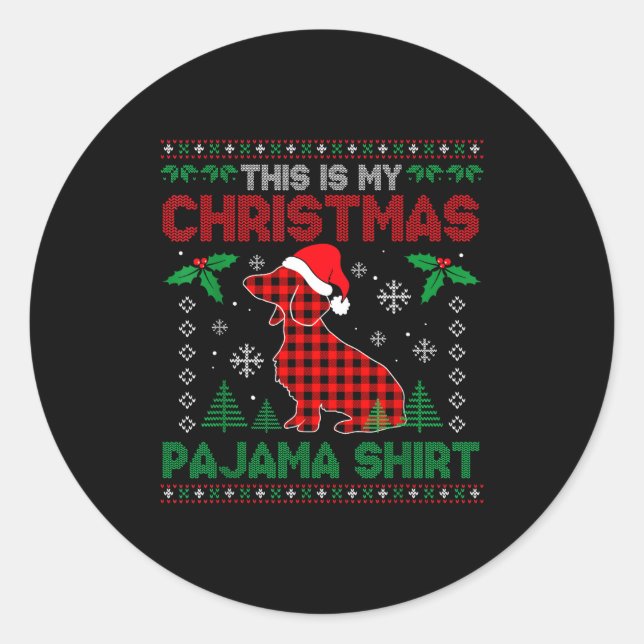 Sticker Rond This Is My Dachshund Dog Red Plaid Christmas Ugly  (Devant)