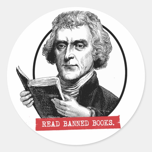 Sticker Rond Thomas Jefferson Lit Des Livres Interdits (Devant)