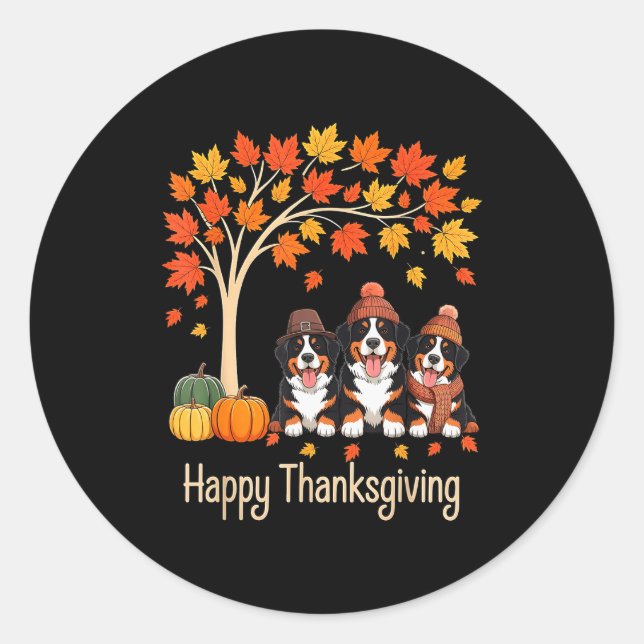 Sticker Rond Three Bernese Mountain Dogs Fall Tree Happy Thanks (Devant)