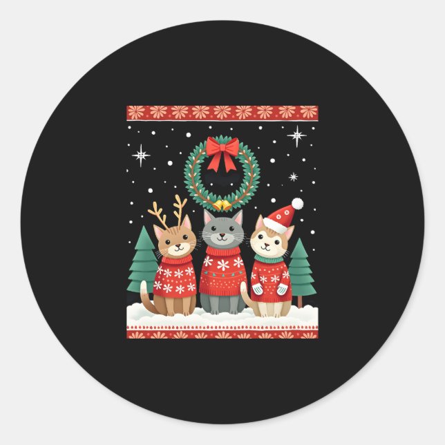 Sticker Rond Three Cat Funny Christmas Cat Ugly Xmas Sweater Me (Devant)