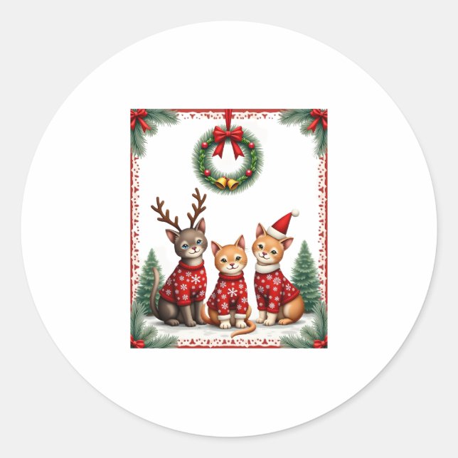 Sticker Rond Three Cat Funny Christmas Cat Ugly Xmas Sweater Me (Devant)