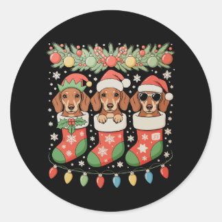 Sticker Rond Three Santa Elf Dachshunds Christmas Socks Funny