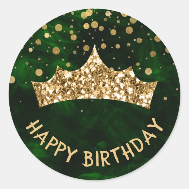 Sticker Rond Tiara d'or avec bokee d'or et anniversaire vert (Devant)