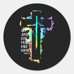Sticker Rond Tie Dye Croix Michée 68 Agir avec justice Écriture