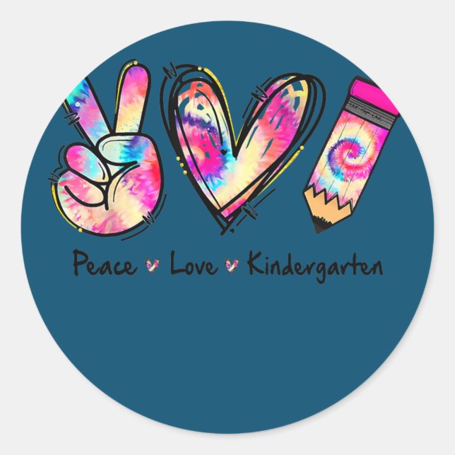 Sticker Rond Tie Dye Peace Love And Kindergarten Girl Boy Kids (Devant)