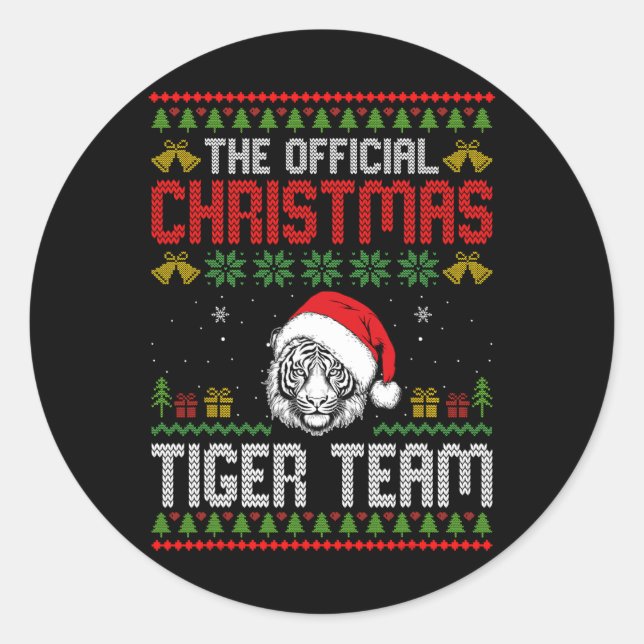 Sticker Rond Tiger Wearing Santa Hat Xmas Lights Merry Christma (Devant)