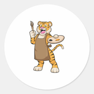 Sticker Rond Tigre à la peinture avec peinture et pinceau