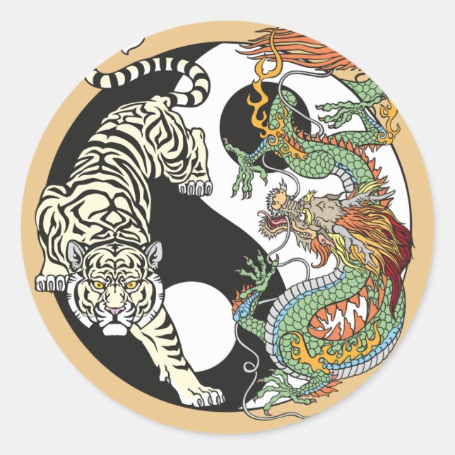 Sticker Rond Tigre blanc contre dragon vert dans le Yin yang cl (Devant)