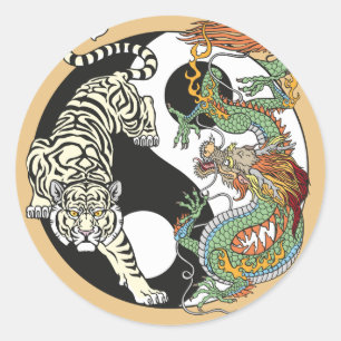 Sticker Rond Tigre blanc contre dragon vert dans le Yin yang cl