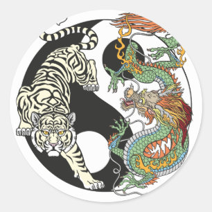 Sticker Rond Tigre blanc contre dragon vert dans le Yin yang cl