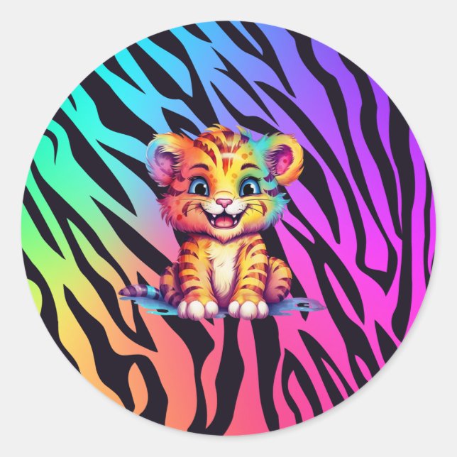 Sticker Rond Tigre de bébé arc-en-ciel mignon (Devant)