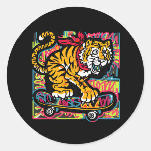Sticker Rond Tigre drôle et cool avec graffiti de skateboard de