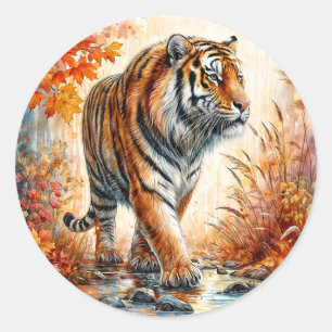 Sticker Rond Tigre Marcher Dans L'Art D'Automne