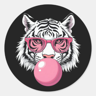 Sticker Rond Tigre Portant des lunettes et soufflant de la gomm