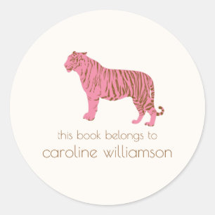 Sticker Rond Tigre Rose Simple Personnalisé Ce Livre Appartient