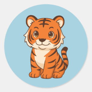 Sticker Rond Tigreau mignon sur fond bleu