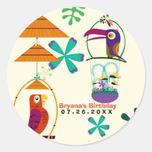 Sticker Rond Tiki Birds Anniversaire Fête Vintage Retro Luau Fa