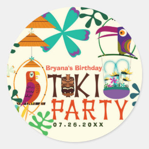 Sticker Rond Tiki Birds Fête d'anniversaire Vintage Luau Favor