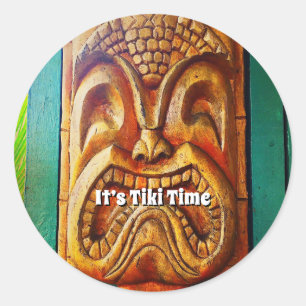 Sticker Rond Tiki Time Hawaii Fun Retro Tropical Wood Face