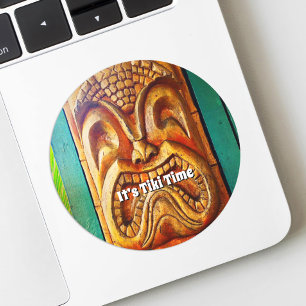 Sticker Rond Tiki Time Hawaii Fun Retro Tropical Wood Face