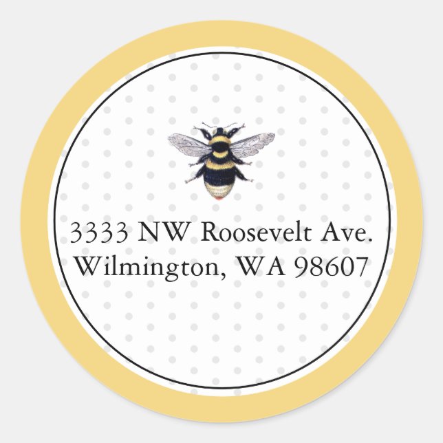 Sticker Rond Timbre d'abeille jaune et noir pour adresse de ret (Devant)