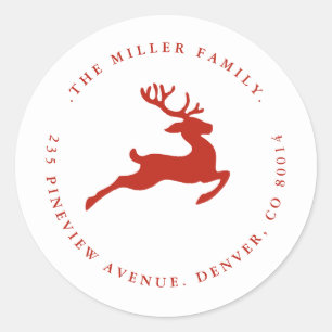 Sticker Rond Timbre de Noël minimaliste renne rouge / Adresse 