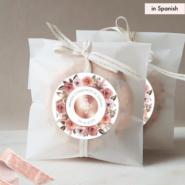 Sticker Rond Timbre/Enveloppe Florale pour Première Communion E (Créateur téléchargé)