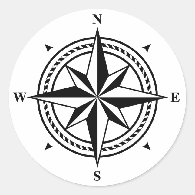 Sticker Rond Timbre-poste rose compas noir et blanc (Devant)