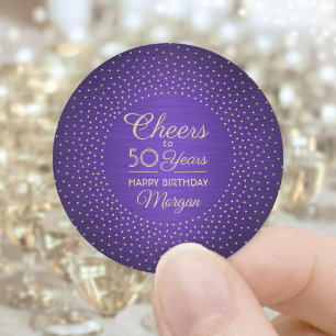 Sticker Rond Timbres Anniversaire Fete Violet et Or Paillettes