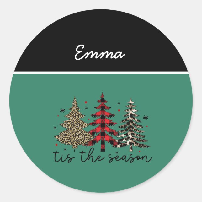 Sticker Rond "Tis the Season" Plaid Leopard Christmas Trees (Devant)
