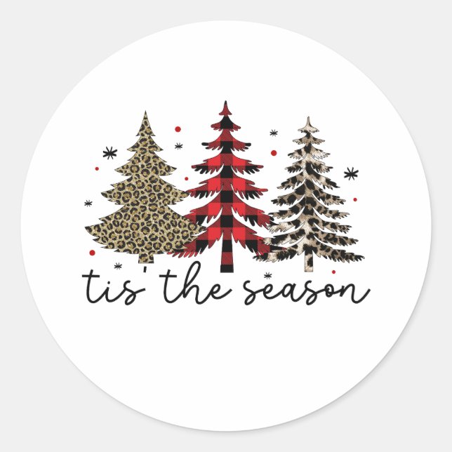 Sticker Rond "Tis the Season" Plaid Leopard Christmas Trees (Devant)