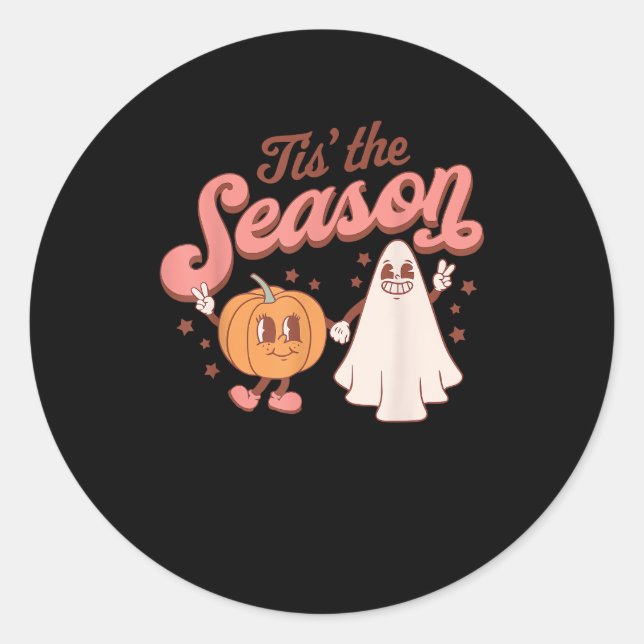 Sticker Rond Tis The Season Pumpkin Boo 60s 70s Halloween Costu (Devant)