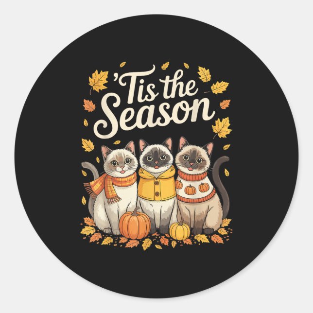 Sticker Rond Tis The Season Siamese Cat Fall Autumn Pumpkin  (Devant)