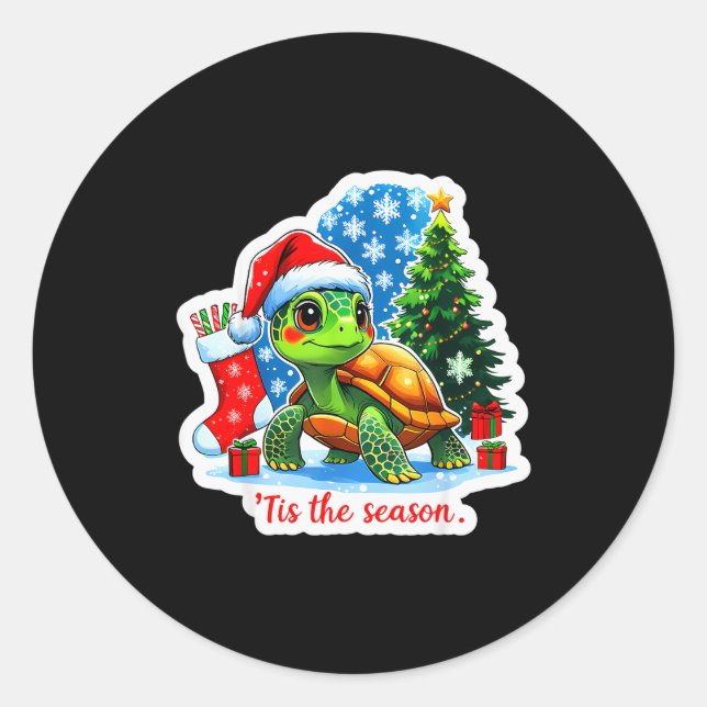 Sticker Rond Tis The Season Turtle Pet Owner Christmas Festive  (Devant)
